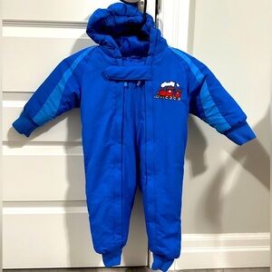 Mossi Vintage Toddler One Piece Snow Suit Blue Train Dual Zipper Size 18 months